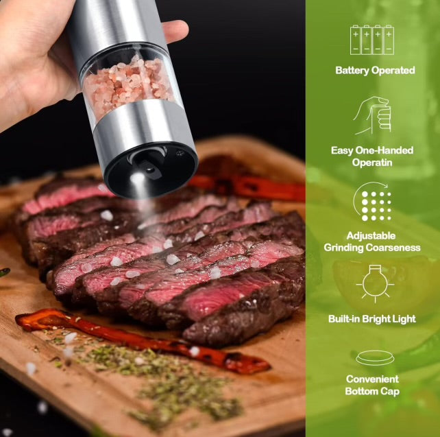 Electric Salt & Pepper Grinder With Light Battery Operated Stainless Steel With Adjustable Coarseness